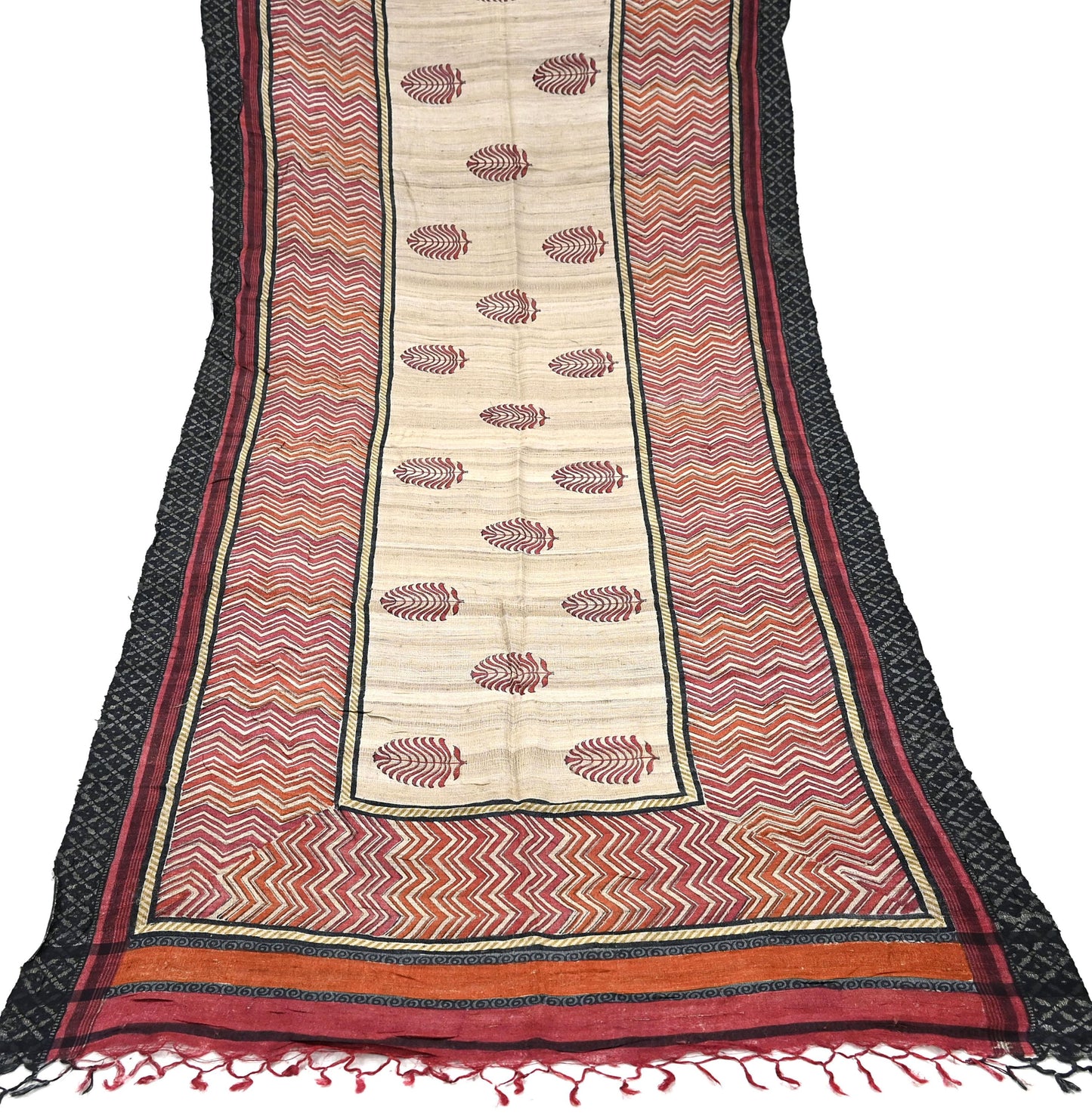 Indian Vintage Beige Dupatta Long Stole 100% Pure Khadi Silk Hand Woven/ Printed Scarves Veil Scarf Wrap Hippie Fringes