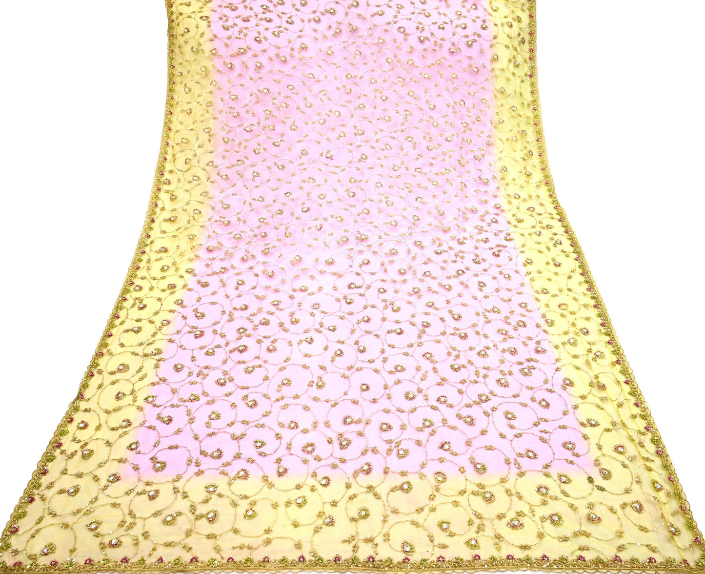 Indian Vintage Heavy Bridal Dupatta Pink & yellow Net Mesh Long Stole Hand Embroidered Scarves Sequins Glass Bead Wedding veil Wrap Boho