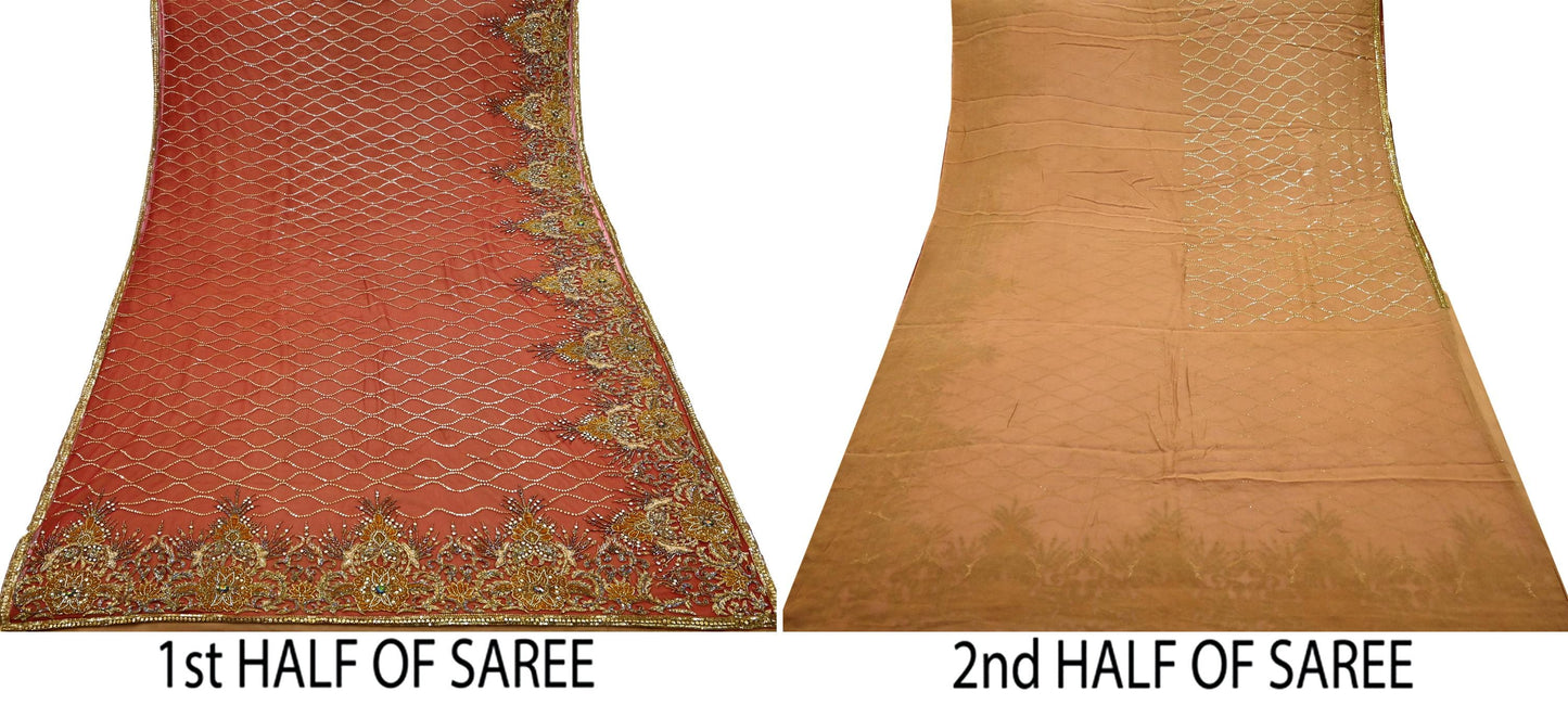Indian Vintage Sari Rusty Orange & Beige Pure Georgette Silk/Net Hand Beaded Sarees Fabric 6Yd Sewing Ethnic Dress making Quilting Bollywood