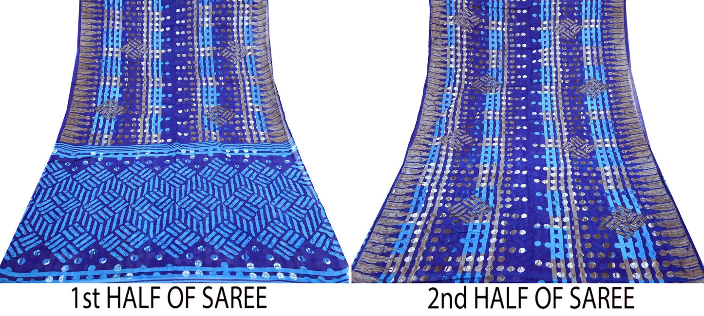 Indian Vintage Sari Blue Printed Pure Cotton Sarees 5Yd Craft Fabric Soft Sewing Sarong Wrap Boho Upcycle quilting Dress making
