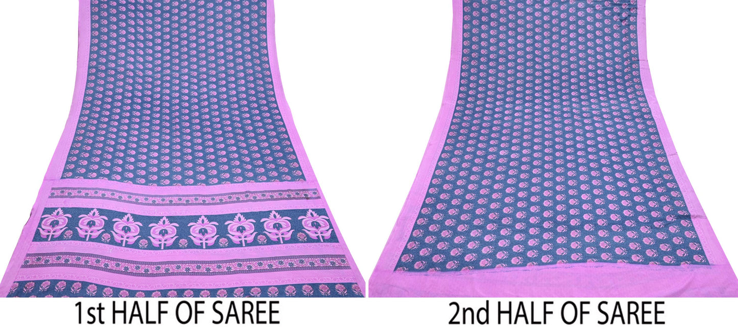 Indian Vintage Sari Pink & Gray Moss Crepe Printed Sarees 5yd Craft Fabric Sewing Floral Soft Dress making Quilting Crafting Upcycle Used