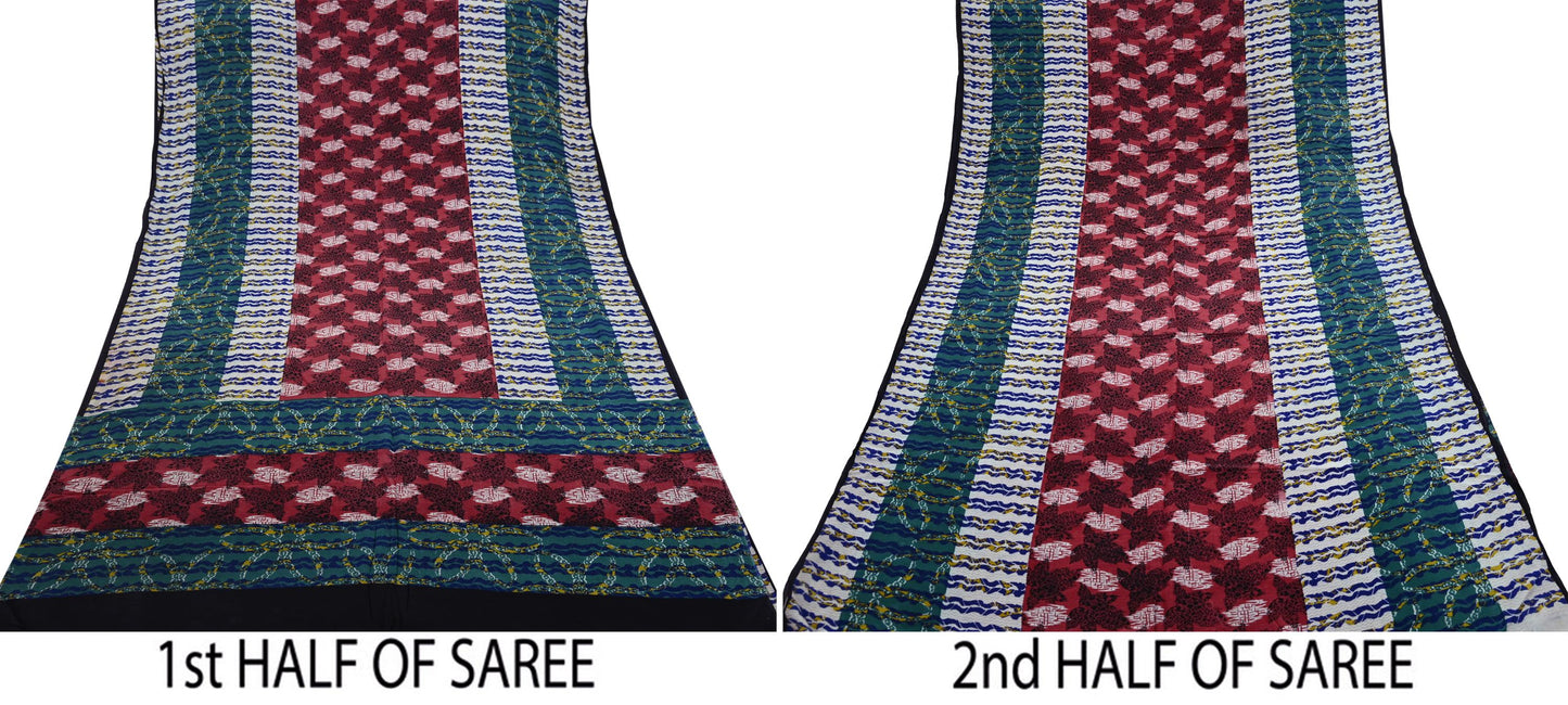 Indian Vintage Sari Multi Pure Crepe Silk Printed Saree 5yard Sewing Ethnic Wrap Craft Fabric Dressmaking Crafting Upcycle Quilting