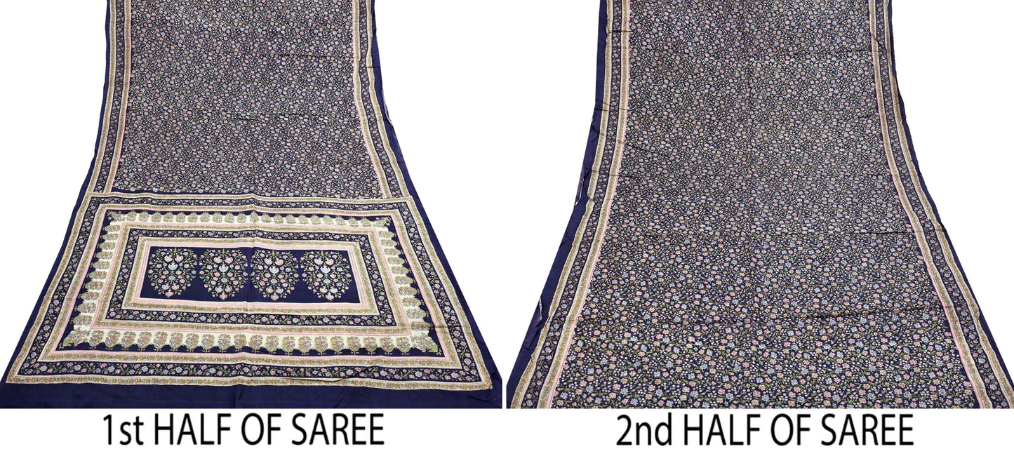 Indian Vintage Blue Pure Silk Printed Saree 5 Yards Soft Floral Fabric for Dressmaking, Quilting, Crafting, Sewing & Upcycling Dress Making