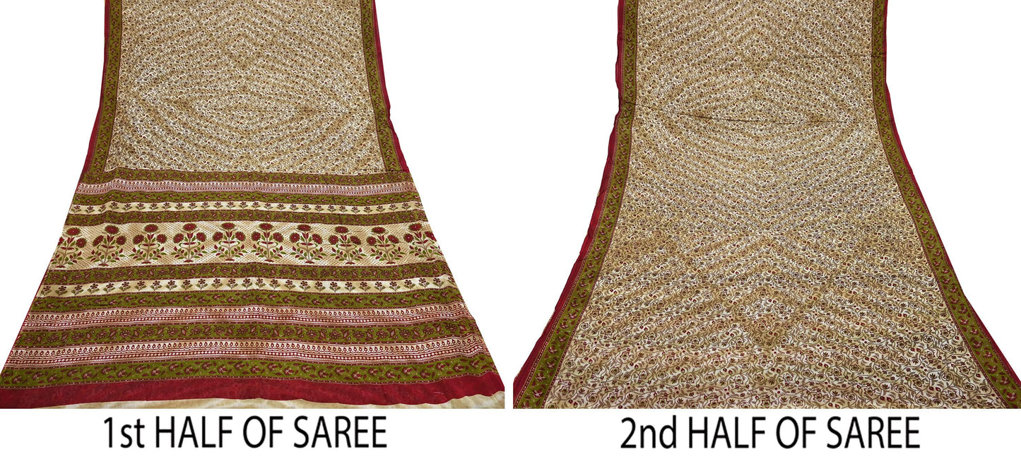 Indian Vintage Sari Green & Beige Printed Sarees 100% Pure Cotton Craft Fabric Soft 5Yd Sewing Sarong Wrap Floral Dress Making Crafting