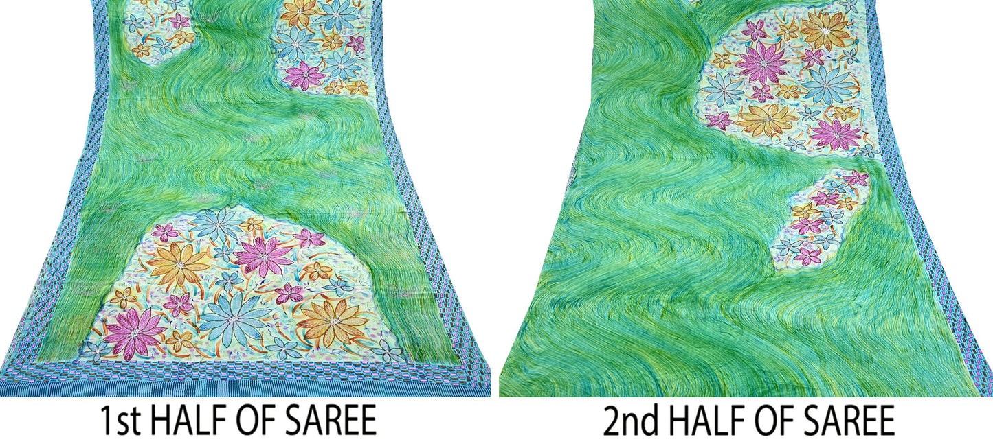 Indian Vintage Sari Pure Crepe Silk Hand Embroidered Saree 5yd Sewing Floral Craft Fabric Sequins Dress making Crafting Quilting