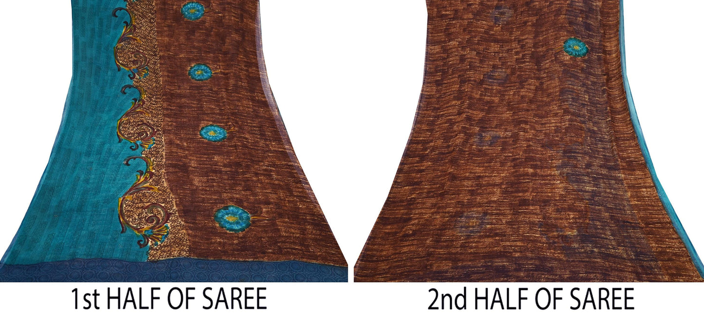 Indian Vintage Sari Brown & Green Pure Georgette Silk Printed Sarees Craft Fabric Sewing 6Yd Soft Dress Making Crafting Quilting Upcycle