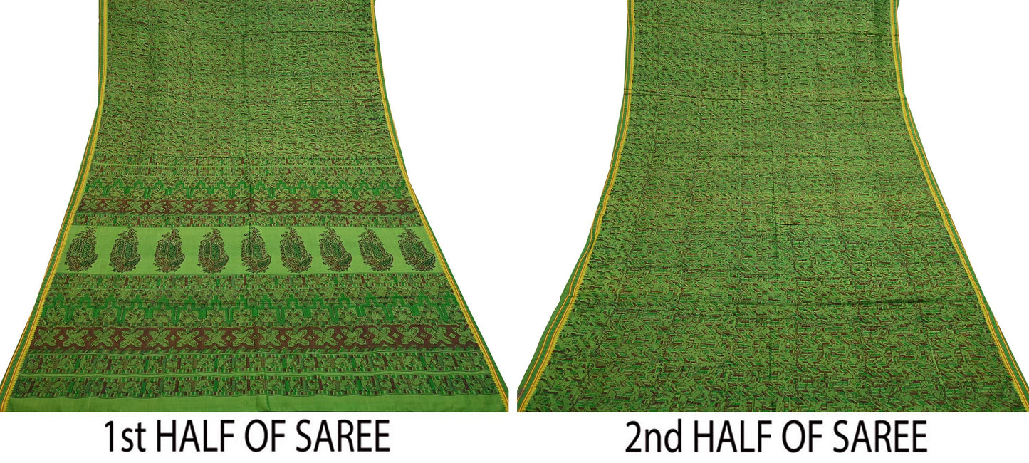 Indian Vintage Sari Green Pure Silk Printed Sarees 5yd Sewing Craft Fabric Dress Making Soft Floral Wrap Upcycle Used Quilting Crafting