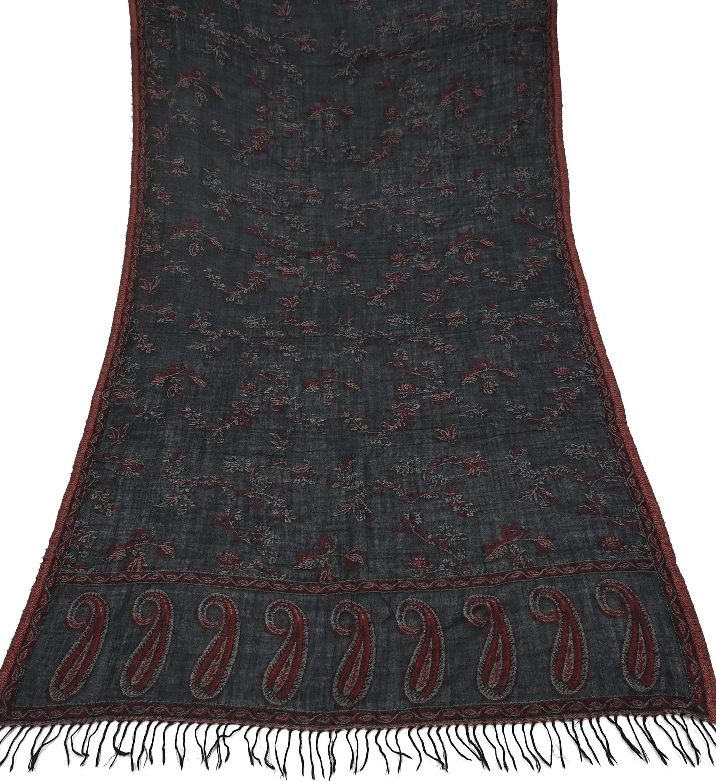 Indian Vintage Black Pure Woolen Shawl Handmade Woven Work Long Throw Stole Warm Abstract Design Soft