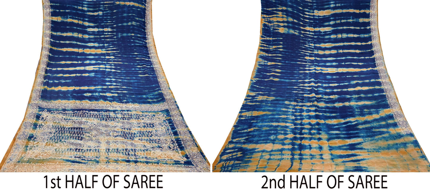 Indian Vintage Saree Pure Crepe Silk Hand Embroidered Tie-Dye Sari Fabric 5yard Sewing Craft Fabric Ethnic Dressmaking Crafting Zardozi Zari
