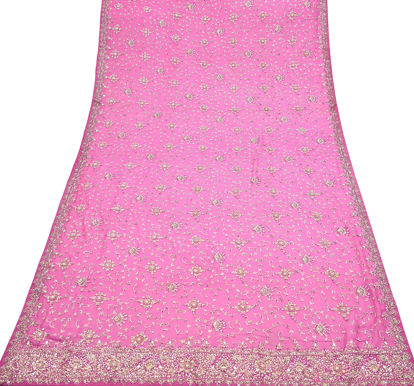 Indian Vintage Heavy Pink Bridal Dupatta Pure Georgette Silk Hand Embroidered Zardozi, Dabka, Zari Work Party Wear Long Stole