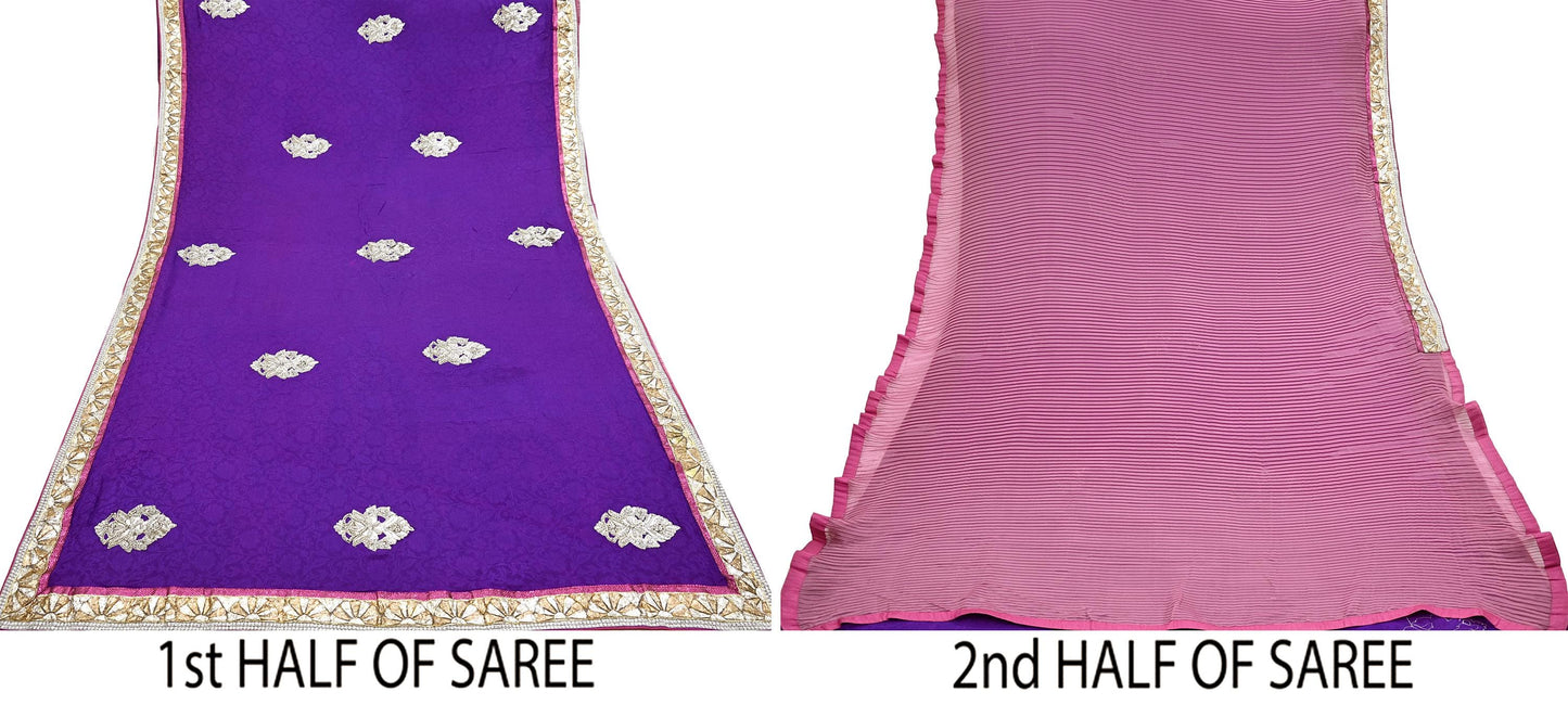 Indian Vintage Heavy Sarees Purple & Pink Pure Silk Georgette Hand Embroidered Sari Fabric 6Yd Sewing Ethnic Zardozi/zari With Blouse Pcs