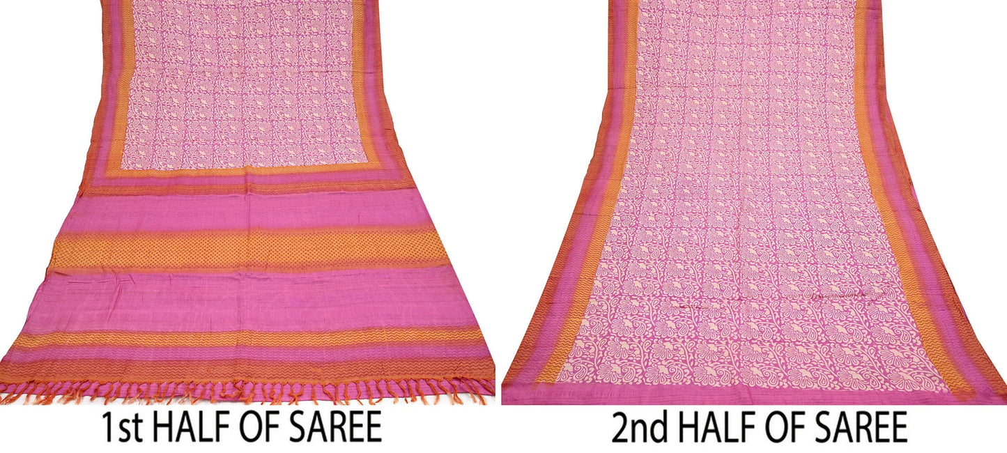 Indian Vintage Pink, Beige & Orange Saree Pure Khadi Silk Handloom Kalamkari Sari Craft Fabric 5yd Ethnic Wear Sari Floral