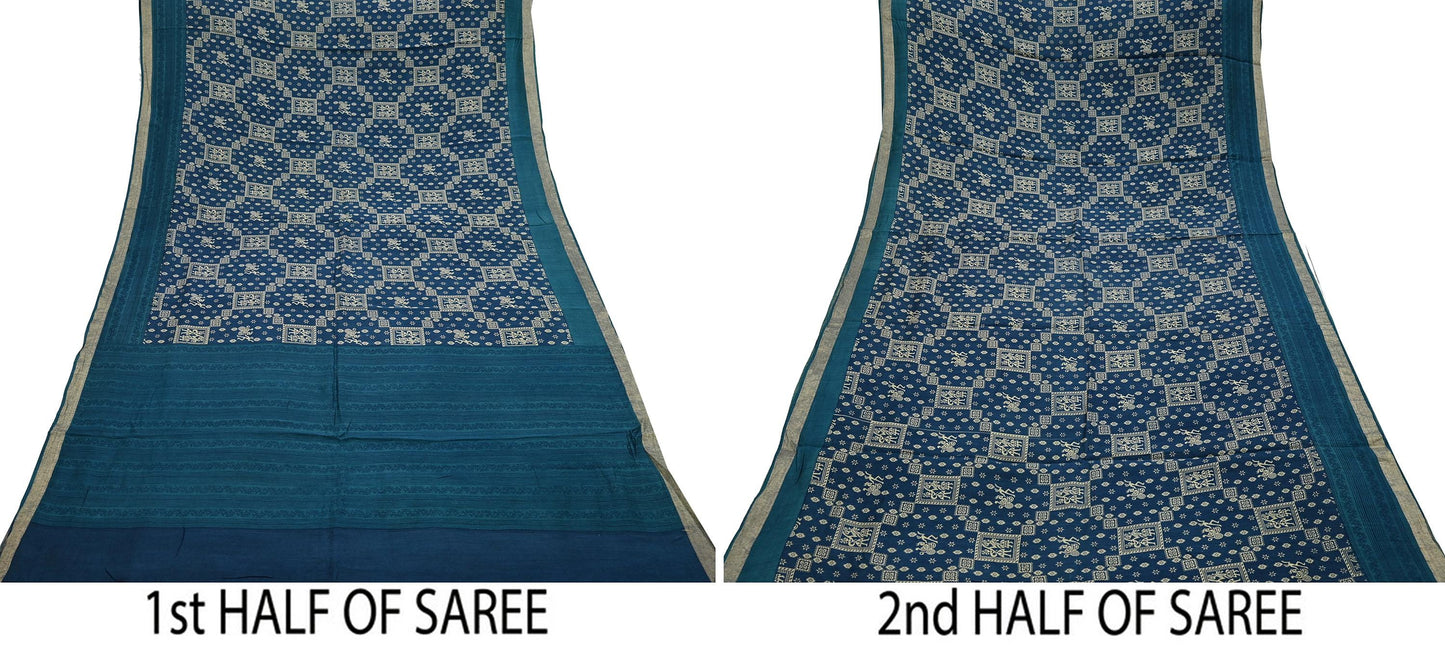 Indian Vintage Sari Blue Pure chanderi Silk Bagru Printed Sarees Fabric 5Yd Floral Soft Golden Zari Border Ethnic Dress making Upcycle