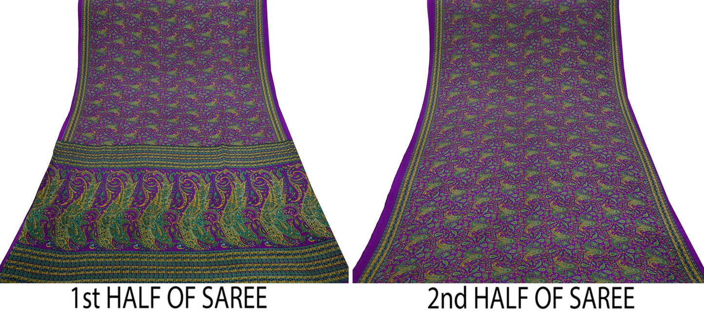 Indian Vintage Purple Moss Crepe Saree Printed Floral Sari Fabric 6 Yards Soft Craft Fabric for Sewing, Dressmaking, Quilting,Upcycling