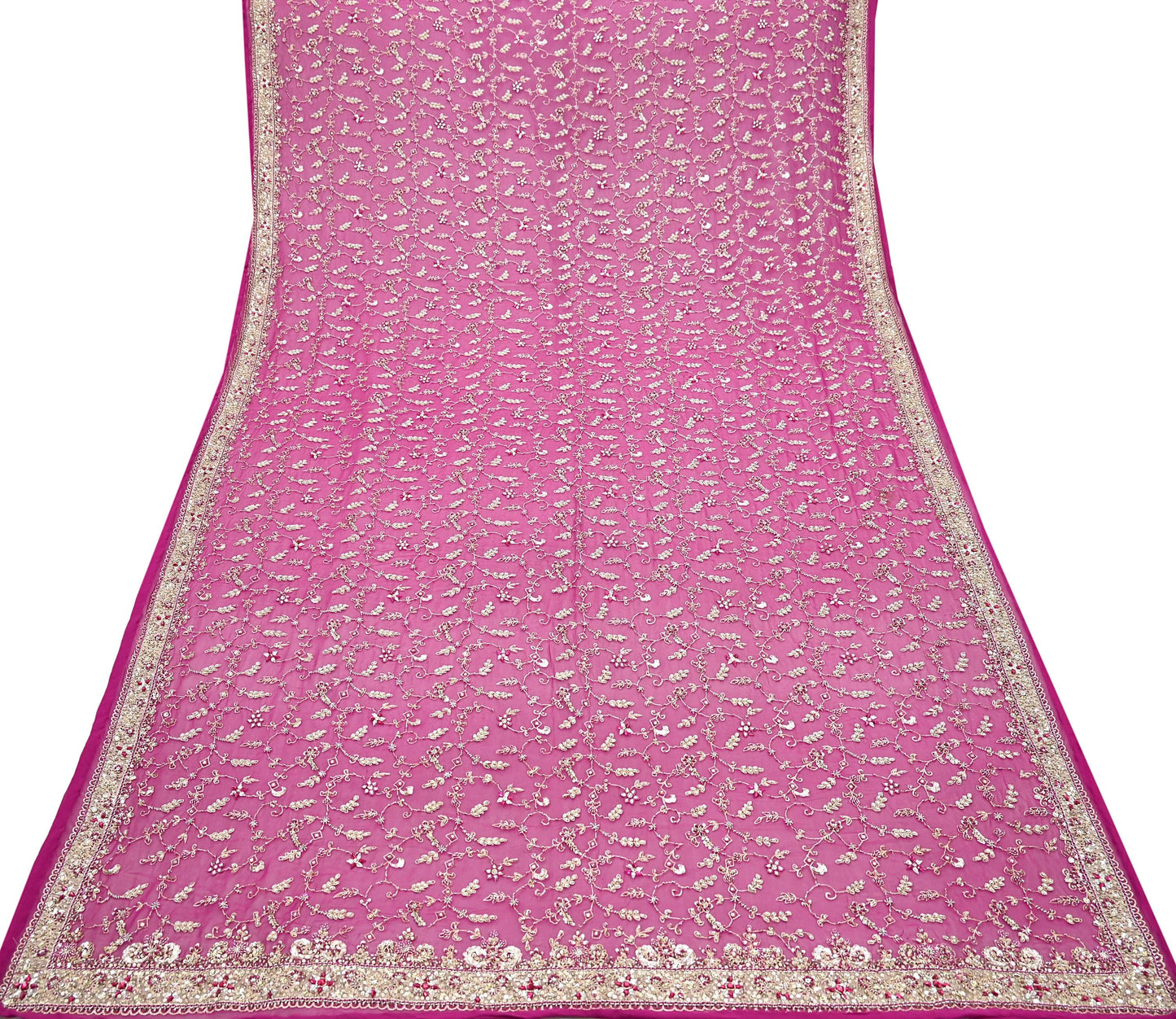 Indian Vintage Heavy Rani Pink Bridal Dupatta Pure Georgette Silk Hand Embroidered Zardozi, Dabka, Zari Work Party Wear Long Stole
