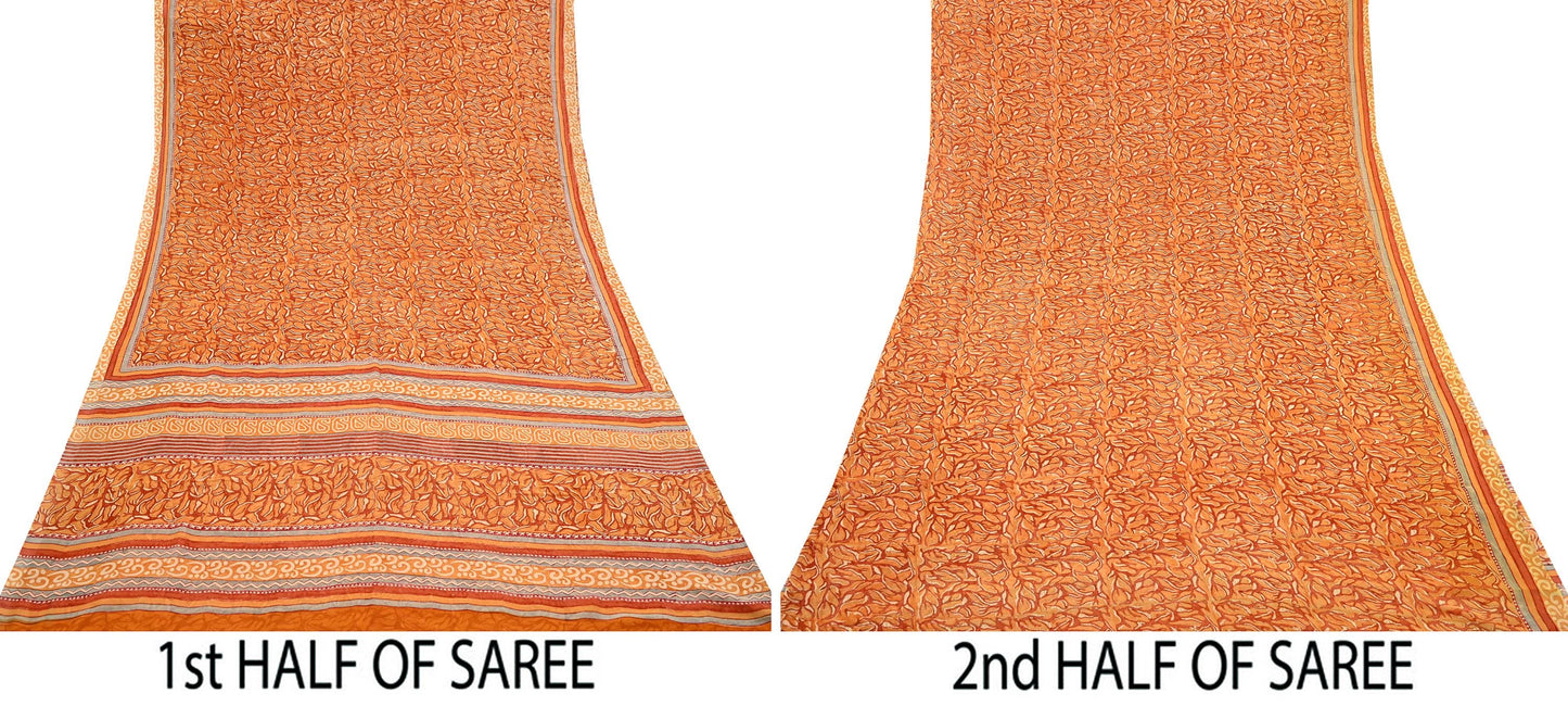 Indian Vintage Sari Orange & Saffron Pure Georgette Silk Printed Sarees 6Yd Craft Fabric Sewing Quilting Crafting Dress Making