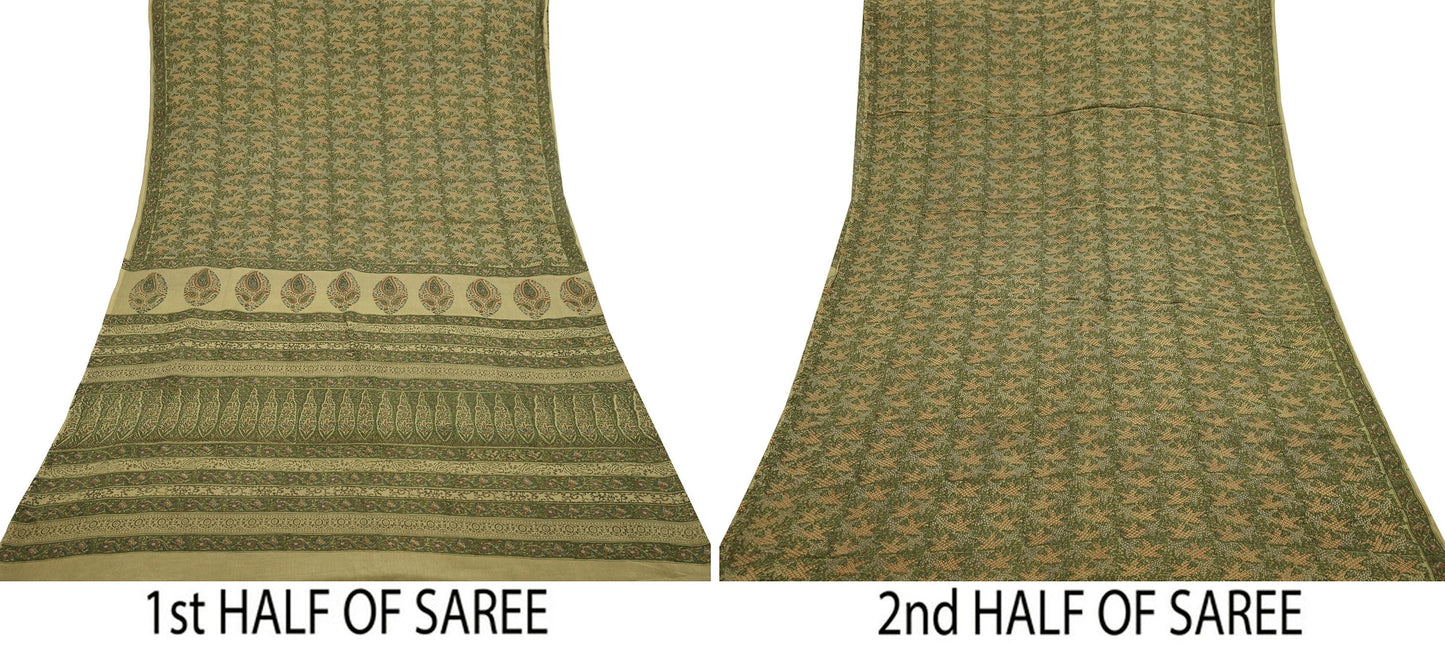 Indian Vintage Sari Green Pure Silk Printed Sarees 5yd Sewing Craft Fabric Dress Making Soft Floral Wrap Upcycle Used Quilting Crafting