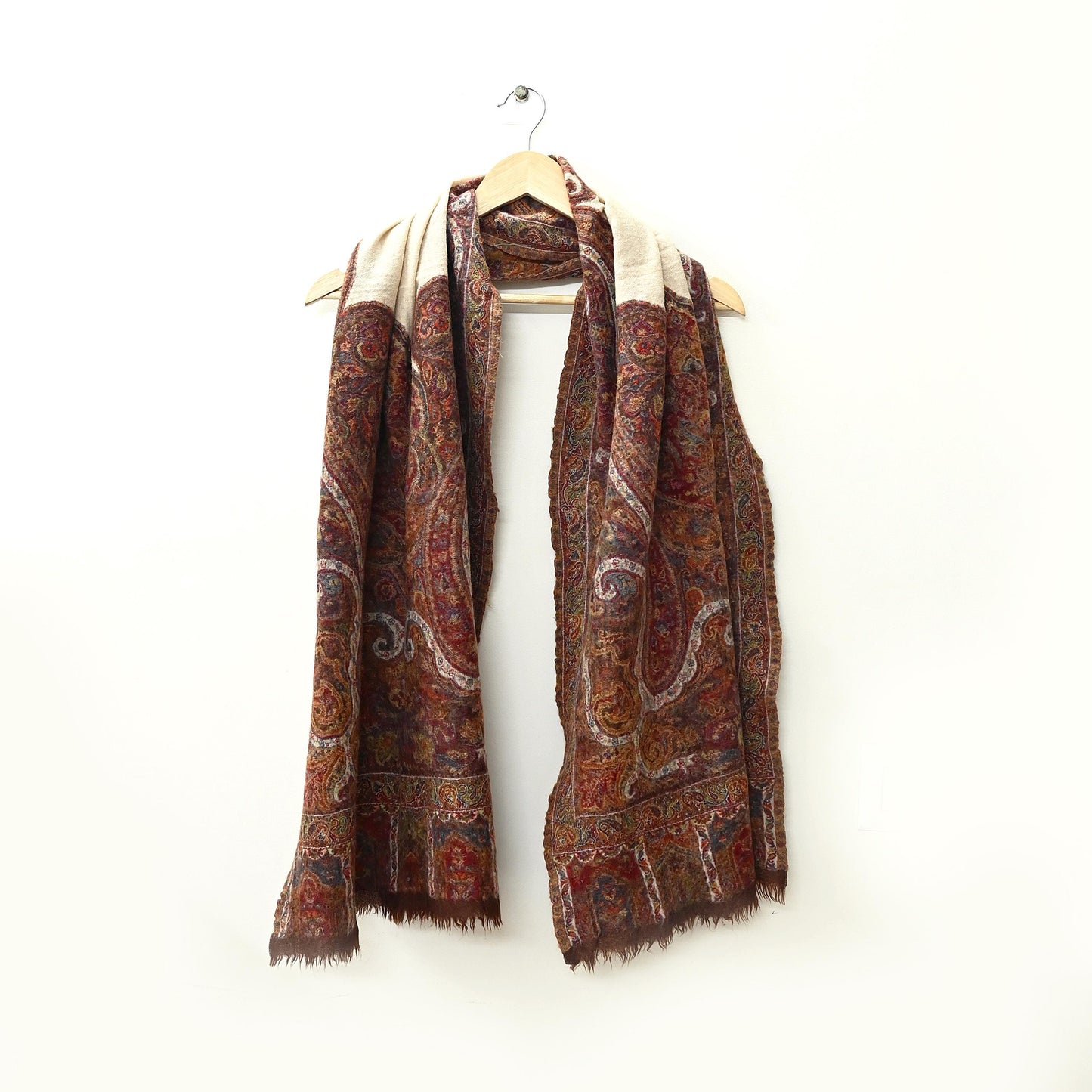 Indian Vintage Brown Pure Woolen Shawl Handmade Woven Jamawar Work Long Throw Stole Warm Paisley Design Soft