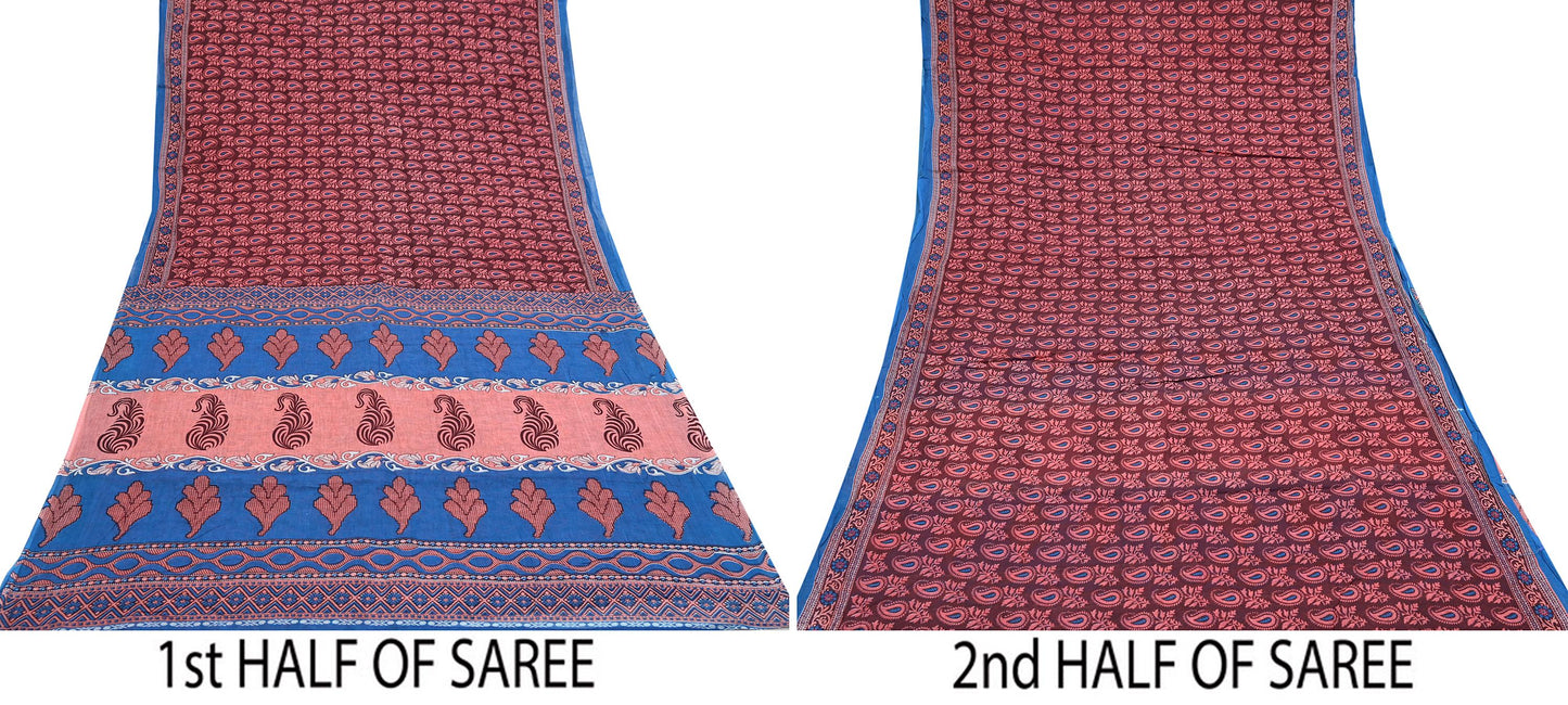 Indian Vintage Maroon Blue Pure Cotton Saree 5Yd Printed Paisley Floral Fabric Soft Material for Sewing Upcycling Dressmaking