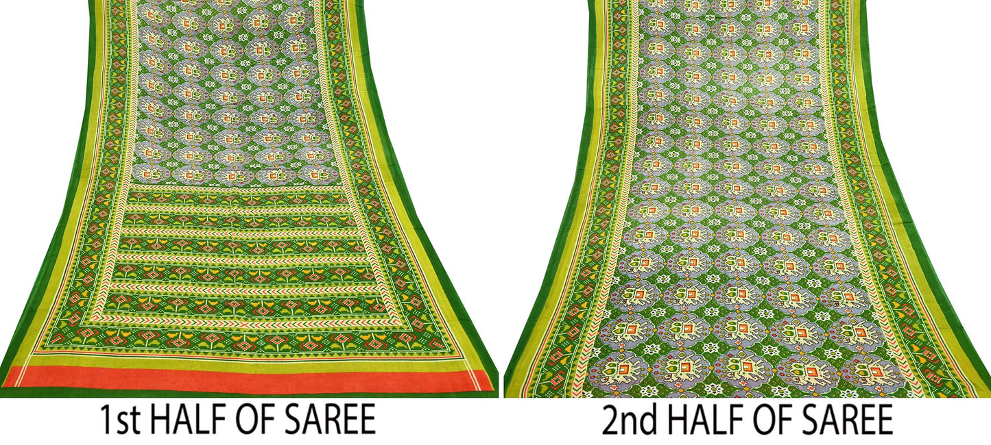 Indian Vintage Green Pure Cotton Saree Traditional Ikat Elephant Print 5 Yard Fabric Lightweight Boho Craft Material