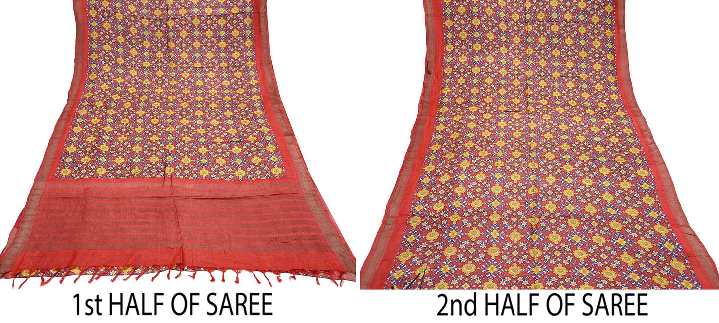 Indian Vintage Heavy Sari Red Pure Khadi Silk Handloom Saree Craft Fabric 5yd Ethnic Wear Dress making For Crafting Quilting Sewing