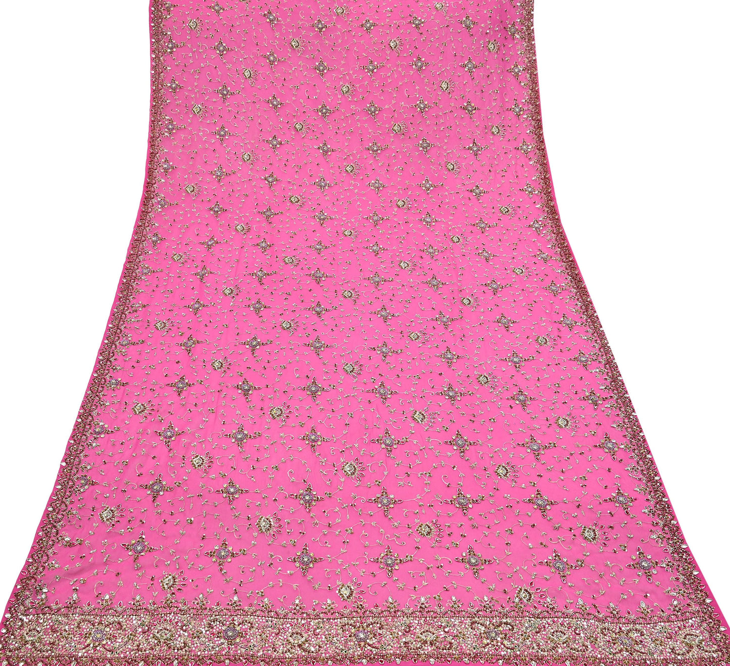 Indian Vintage Heavy Pink Bridal Dupatta Pure Georgette Silk Hand Embroidered Zardozi, Dabka, Zari Work Party Wear Long Stole