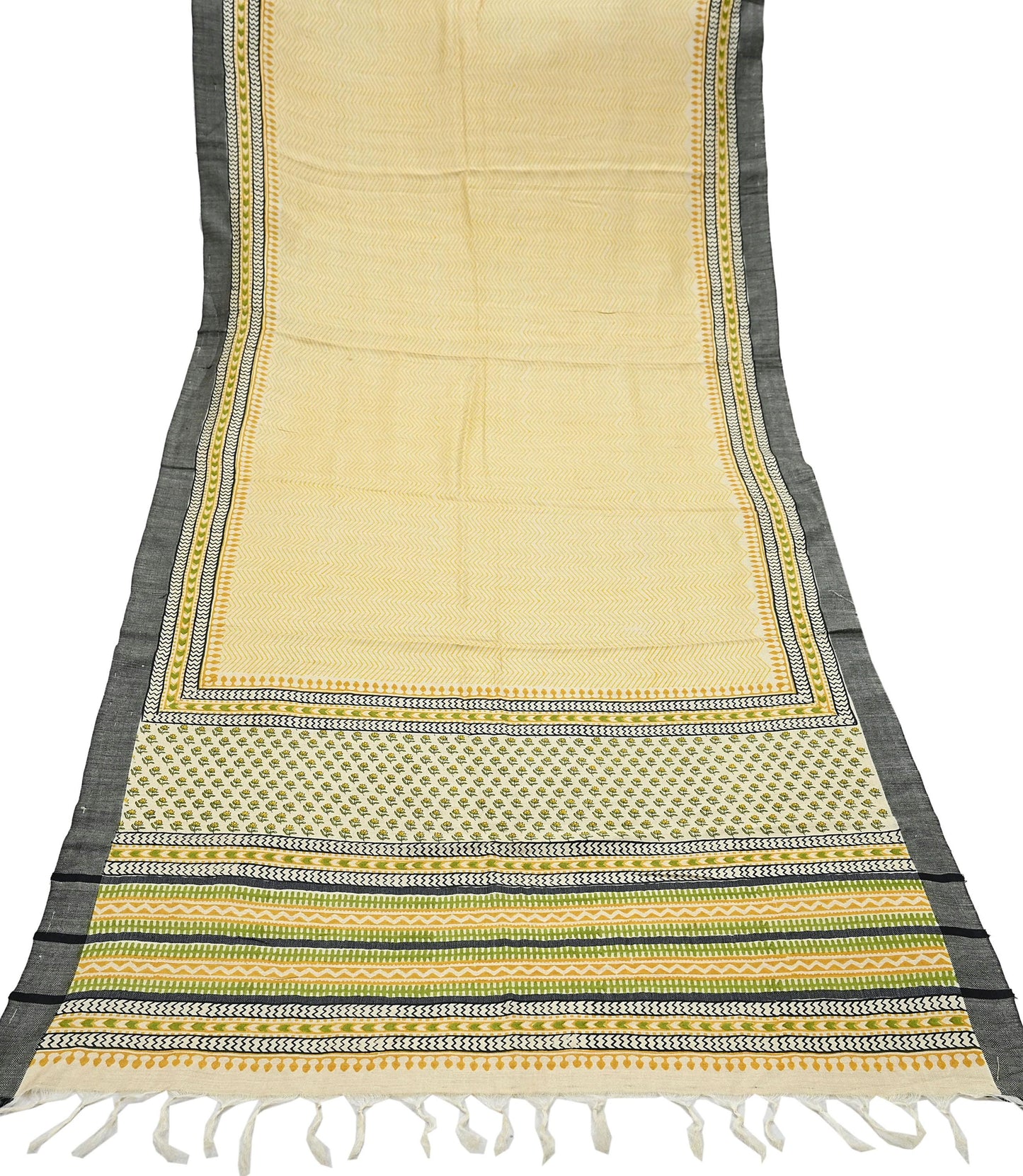 Vintage Yellow & Beige Long Stole Pure Woolen Scarf Printed Dupatta Infinity Scarves Sarong Wrap Veil Woman Hijab Shawl Craft Fabric Fringes