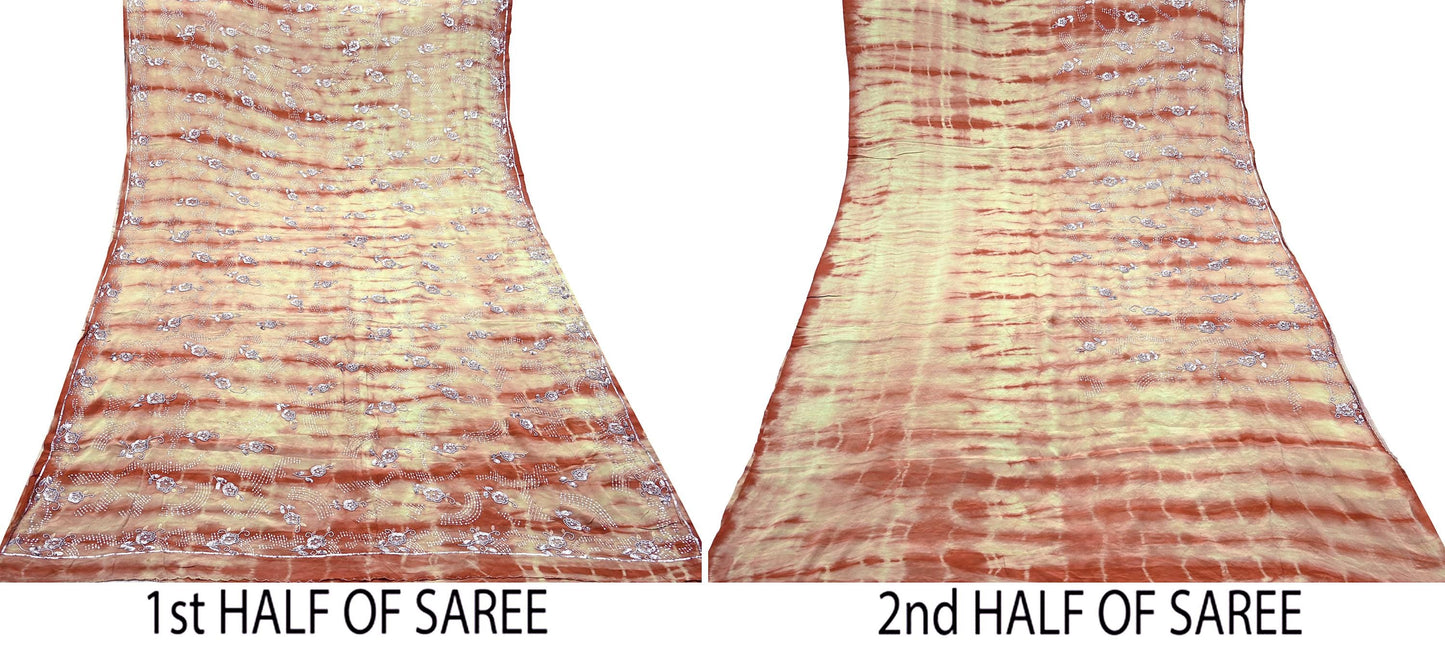 Indian Vintage Saree Pure Crepe Silk Hand Embroidered Tie-Dye Sari Fabric 5yard Sewing Craft Fabric Ethnic Dressmaking Crafting Zardozi Zari