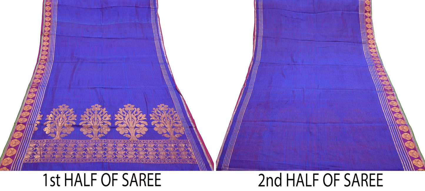 Vintage Blue Banarasi Silk Saree Handwoven Pure Silk Zari Sari Fabric 6 Yard Indian Textile for Dressmaking & Quilting