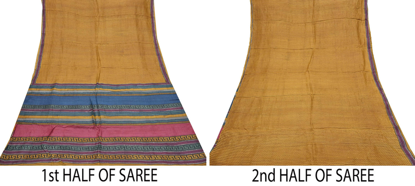 Indian Vintage Mustard Saree Pure Khadi Silk Handloom Printed Sari Fabric 5yd Ethnic Wear Sari Floral Designs Dress making Crafting