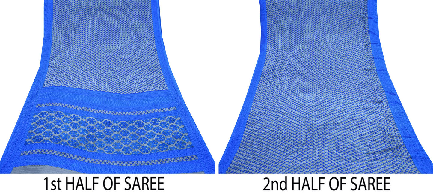 Indian Vintage Blue & Gray Artificial Silk Saree Printed Sari 5 Yards Soft Craft Fabric for Sewing, Dressmaking, Quilting,Upcycling