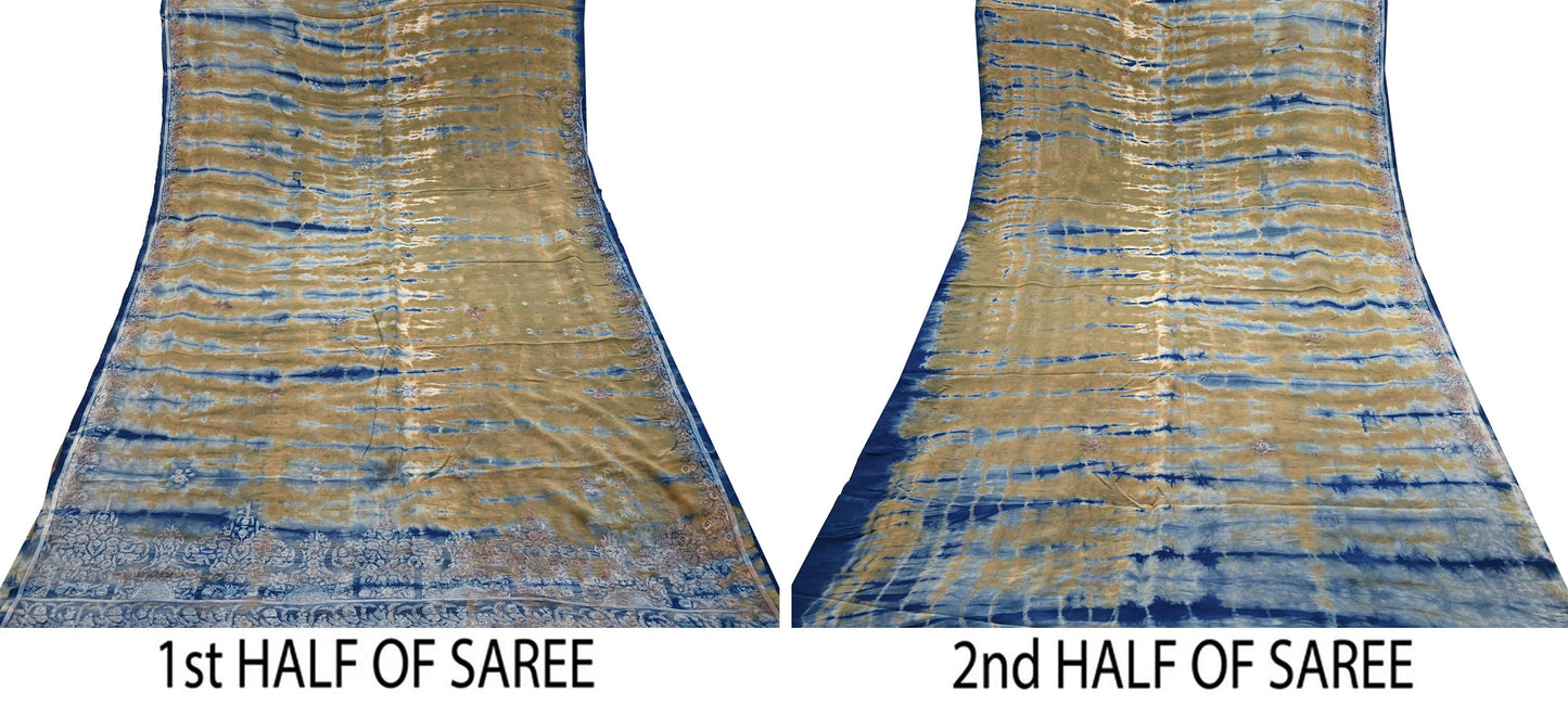 Indian Vintage Saree Pure Crepe Silk Hand Embroidered Tie-Dye Sari Fabric 5yard Sewing Craft Fabric Ethnic Dressmaking Crafting Zari