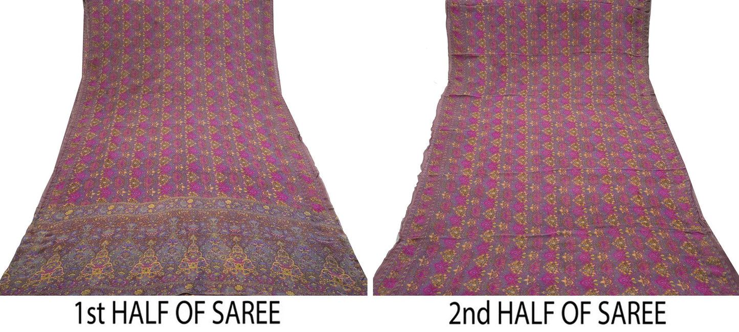 Indian Women Vintage Sari Brown 100% Pure Georgette Silk Printed Saree Sewing 5yd Soft Craft Fabric Floral Design Wrap Boho Dress making