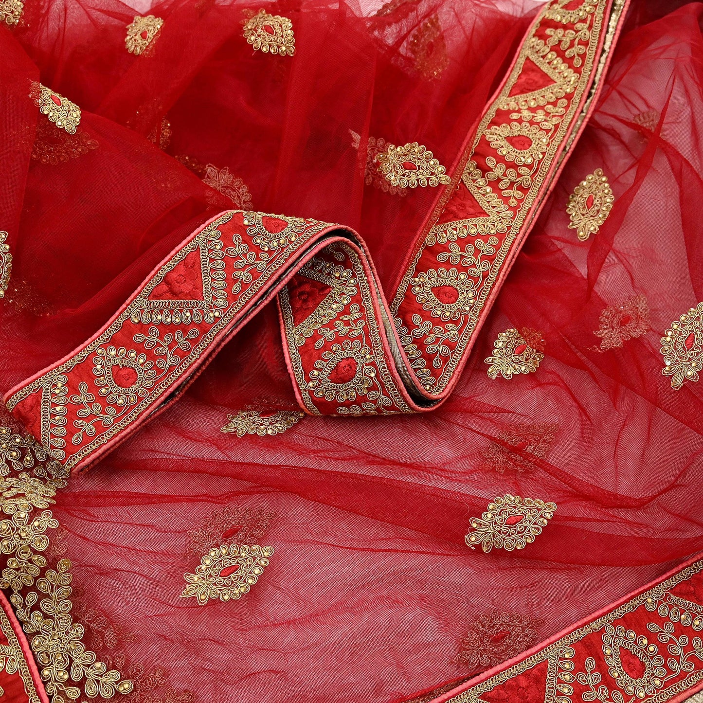 Indian Vintage Red & Peach Net/Mesh Silk Hand Embroidered Lehenga 3pcs Set Bridal Party Wear With Blouse/Dupatta Bollywood Lehenga Zardozi