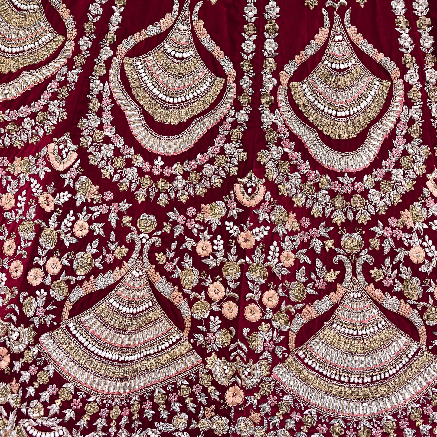 Indian Pre-owned Heavy Wedding Maroon Velvet Hand Embroidered Lehenga/Skirt Designer By Anamika Khanna Bridal Wear