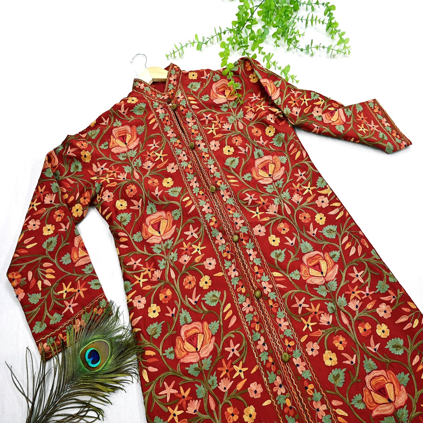 Indian Vintage Red Embroidered Kashmiri Coat, Aari Embroidery, Raw Silk Coat, Boho Jacket For Both Women/Men Indian Coat