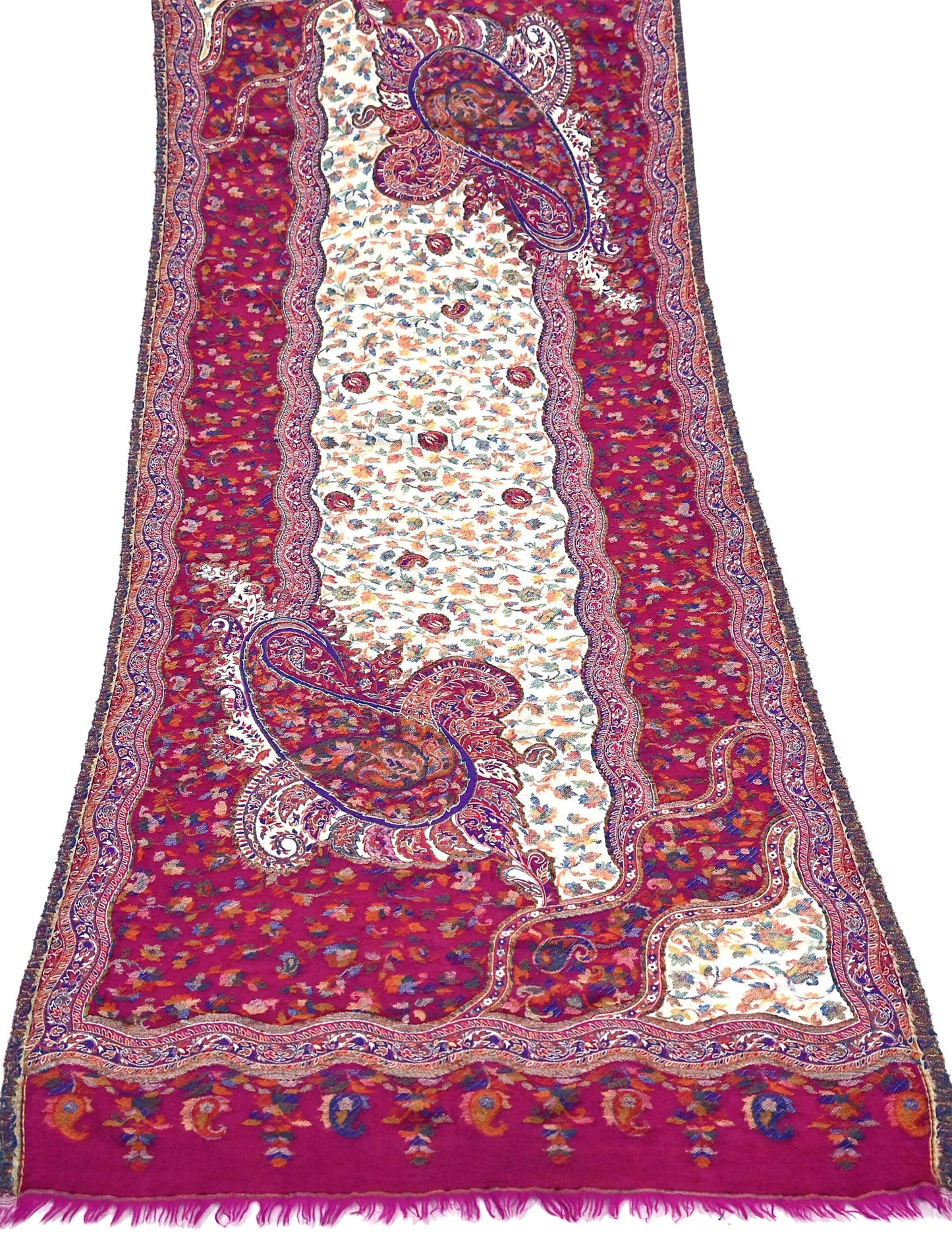 Indian Vintage Ivory & Purple Pure Woolen Shawl Handmade Woven Jamawar Work Long Throw Stole Warm Paisley Design Soft