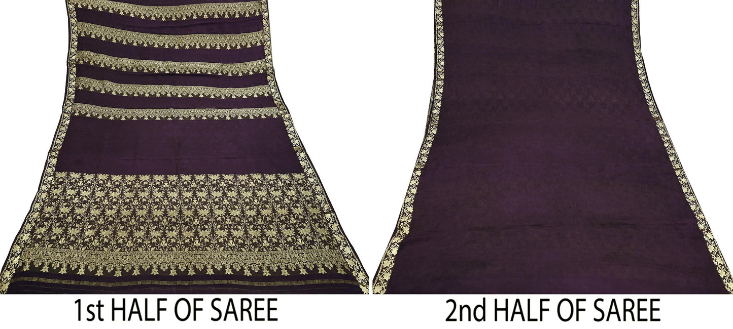 Vintage Purple Pure Silk Saree Handwoven Banarasi Sari 5Yd Zari Woven Indian Fabric Wedding Wear Dressmaking Textile Craft