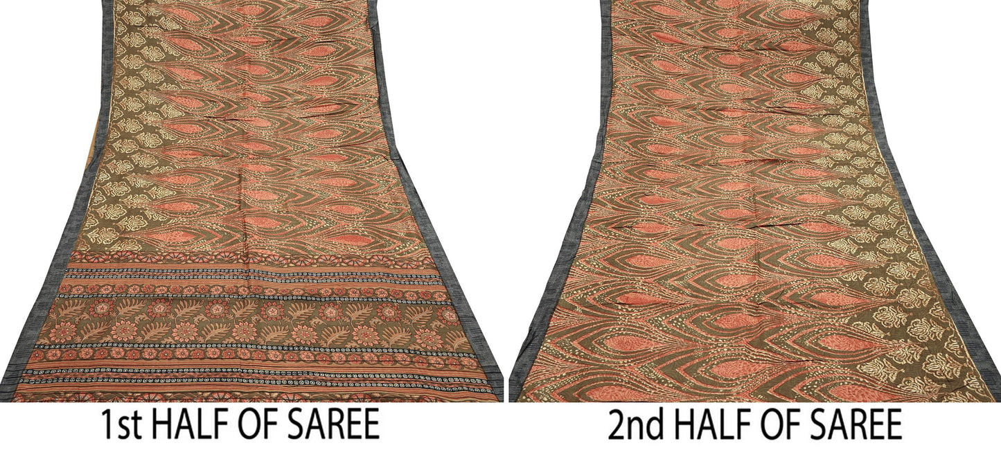 Vintage Green Woolen Printed Saree 5Yd Soft Pure Wool Woven Sari Fabric Warm Craft Material Winter Wrap Boho Indian Textile Christmas Gift