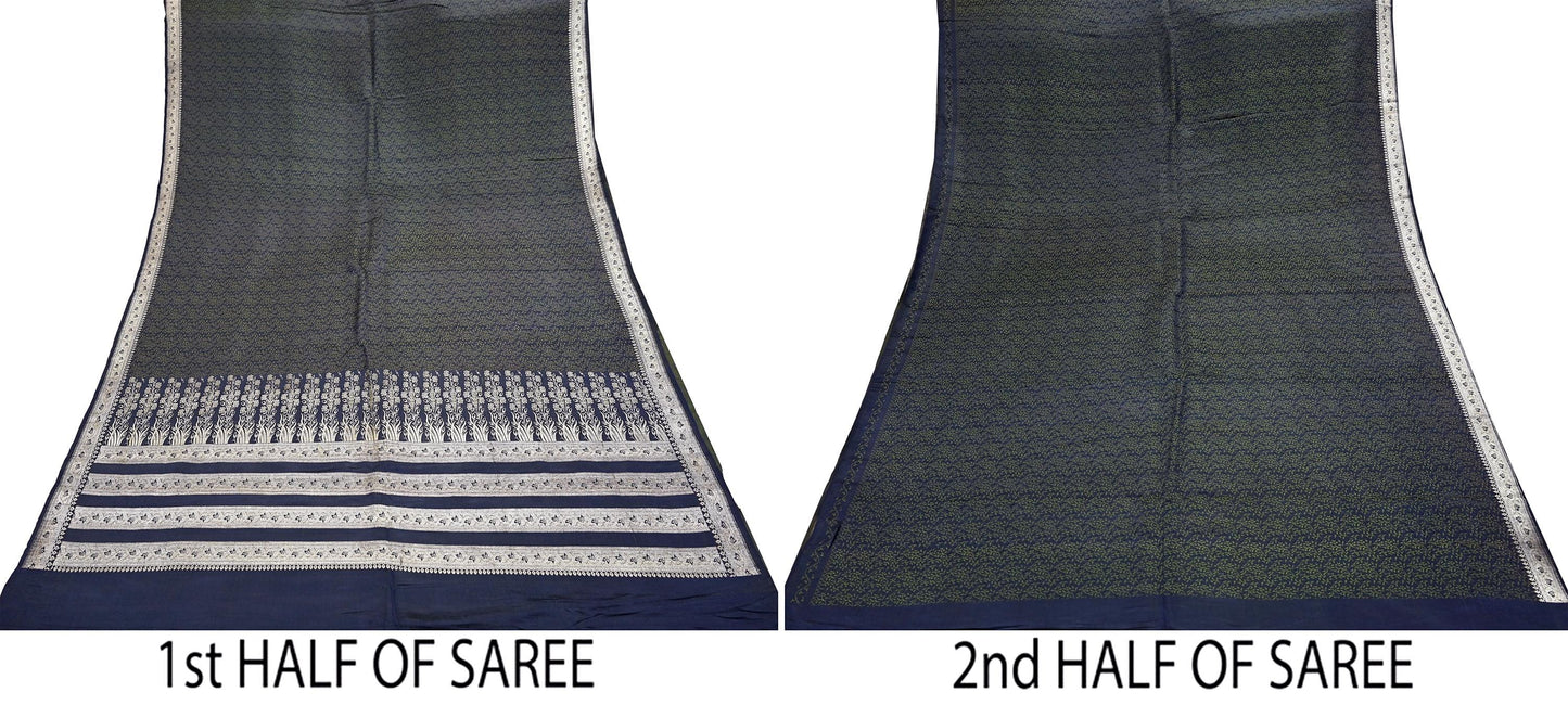 Indian Vintage Sari Blue Heavy Wedding Pure Satin Silk Woven Banarasi Tanchoi Saree 5Yd Ethnic Craft Fabric Upcycle Bridal Heavy Sarees