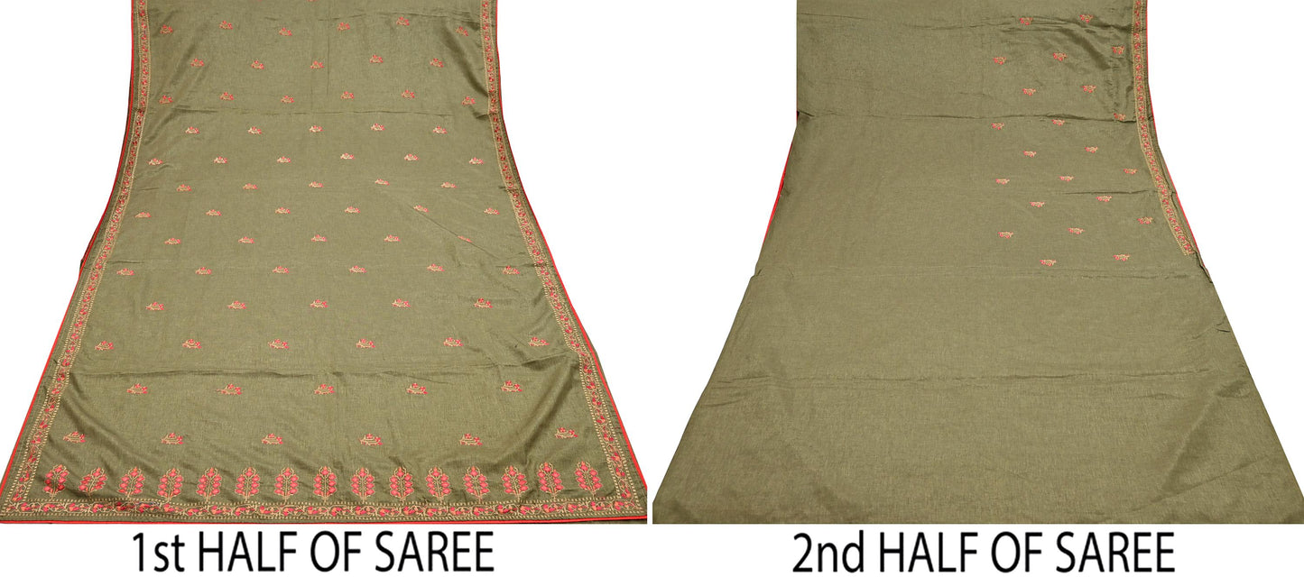 Indian Vintage Sari Green Artificial Silk Embroidered Sarees Craft Fabric 5Yd Sewing Soft Zardozi/Zari Upcycle Dress Making