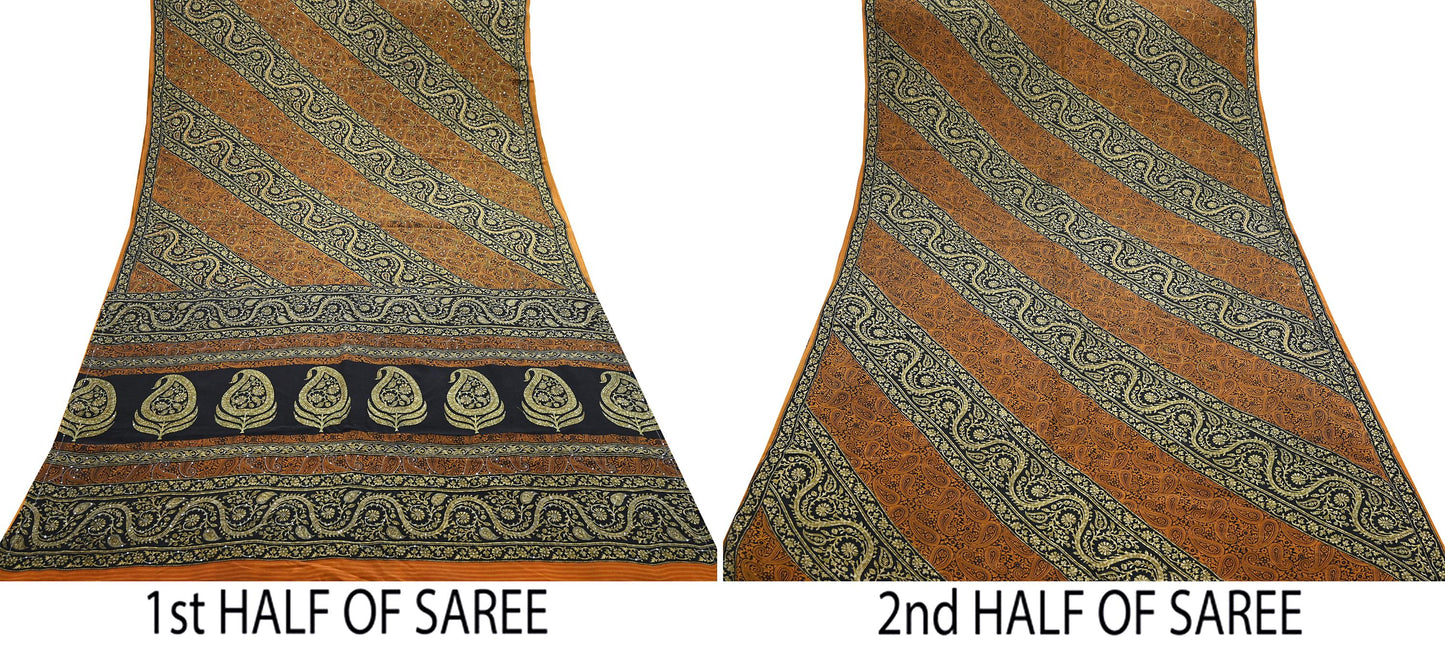 Indian Vintage Sari Black & Mustard Pure Crepe Silk Hand Embroidered Sarees 5yd Sewing Craft Fabric Dress Making Floral Sequins Upcycle