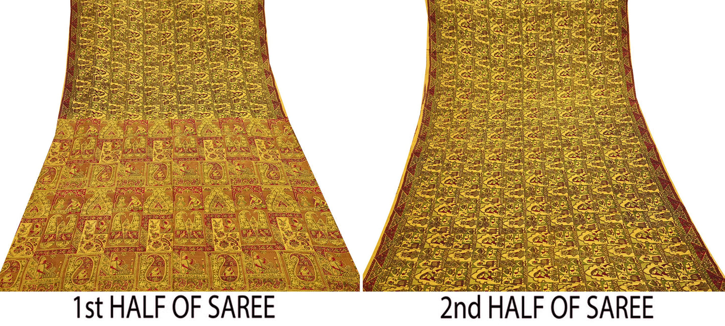 Indian Vintage Sari Yellow Pure Silk Printed Saree 6yd Sewing Craft Fabric DressMaking Soft Crafting Quilting Upcycle