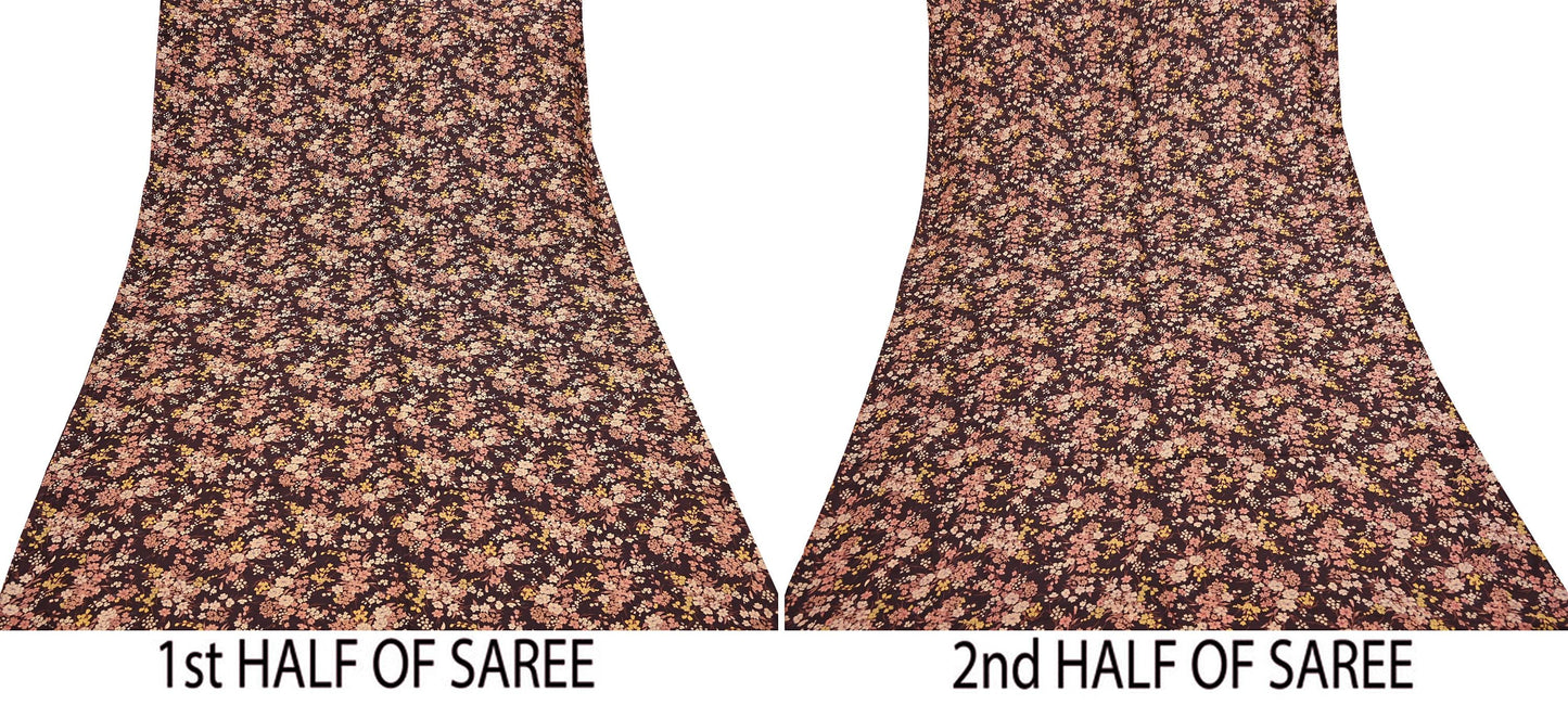 Indian Vintage Sari Brown Printed 100% Pure Silk Sarees 5yd Sewing Craft Fabric Soft Dress Making Wrap Floral Upcycle Quilting Crafting Used