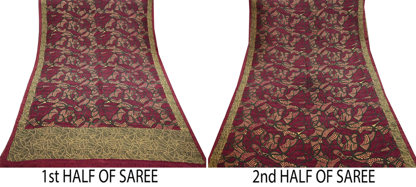 Indian Vintage Sari Maroon & Green Pure Crepe Silk Block Printed Saree 5yard Sewing Quilting Floral Soft Craft Fabric Wrap