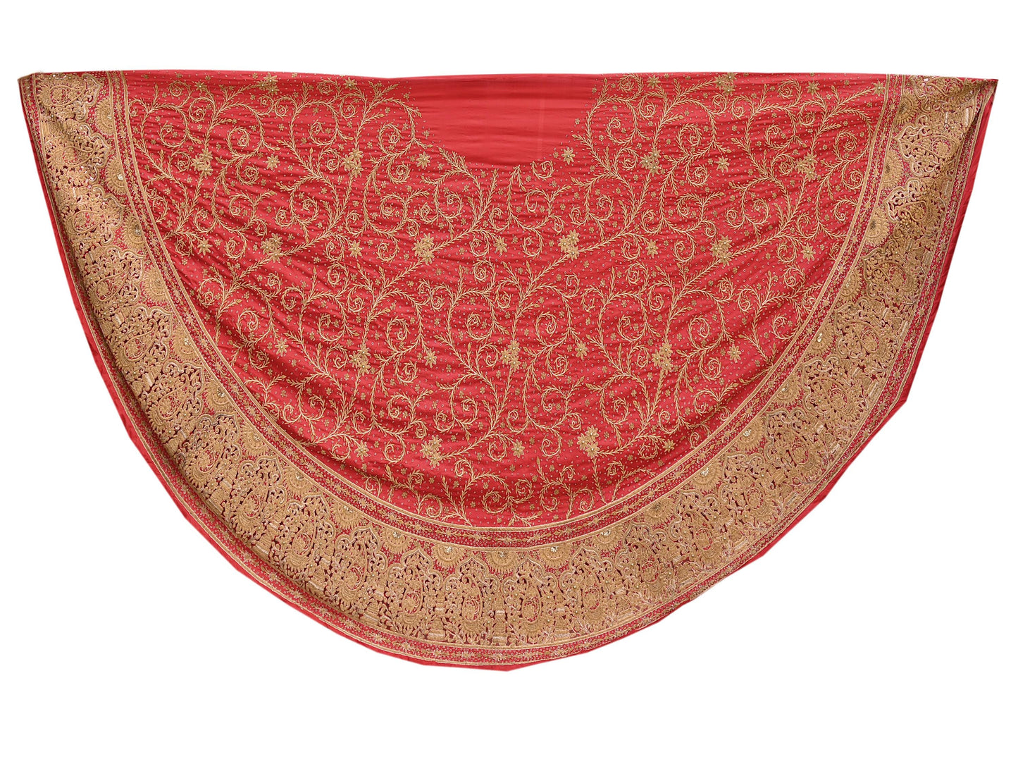 Indian Vintage Heavy Wedding Red Unstitched skirt/Lehenga Pure Silk Hand Embroidered Bridal wear Ethnic Skirt Zardozi/ Dabka, Zari