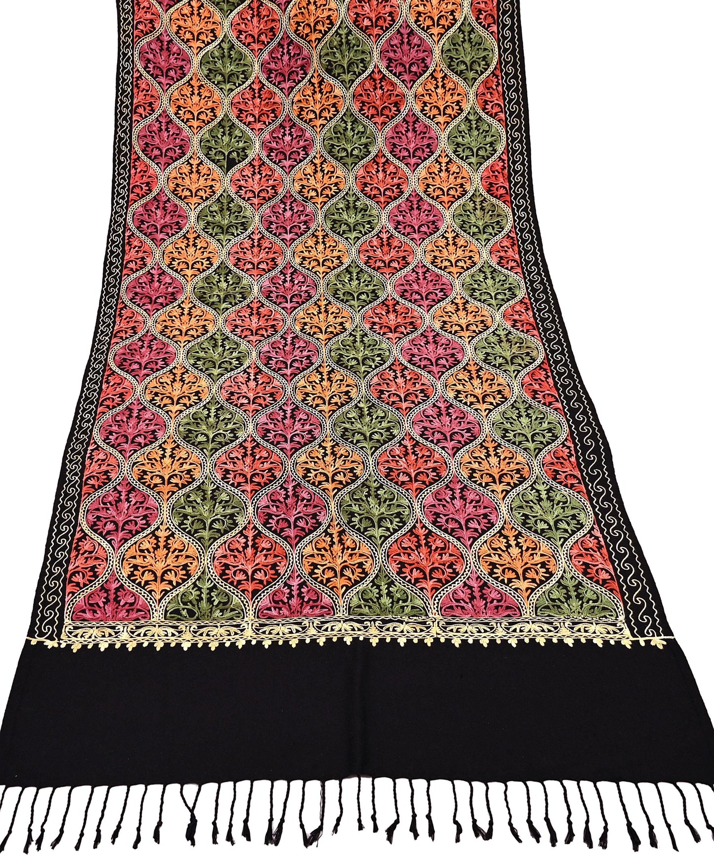 Vintage Stole Black woolen Handmade Ari work Long Throw Warm Stole Floral Design Fringes