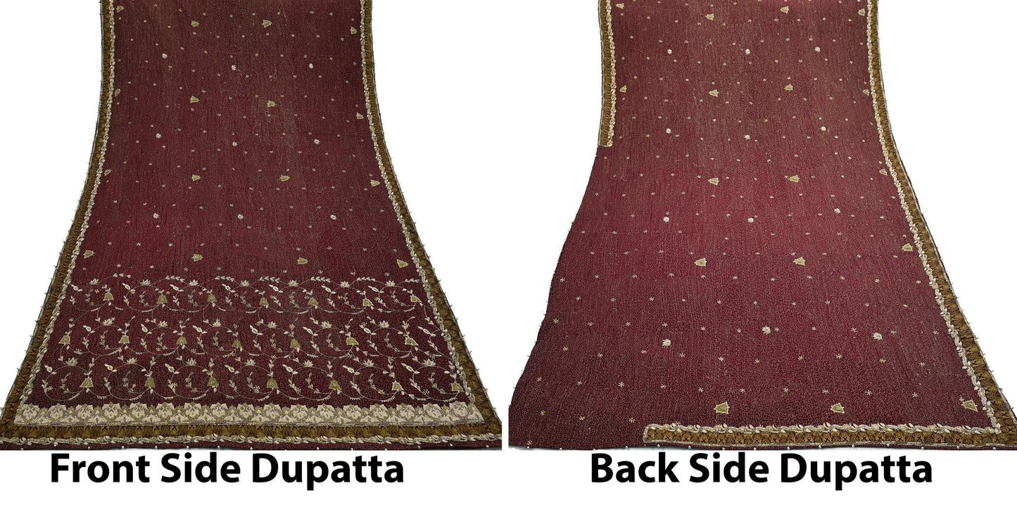 Indian Vintage Heavy Maroon Dupatta Pure Crepe Silk Long Stole Hand Embroidered Scarves Dabka Zardozi Zari Scarves Wedding/ Bridal Veil