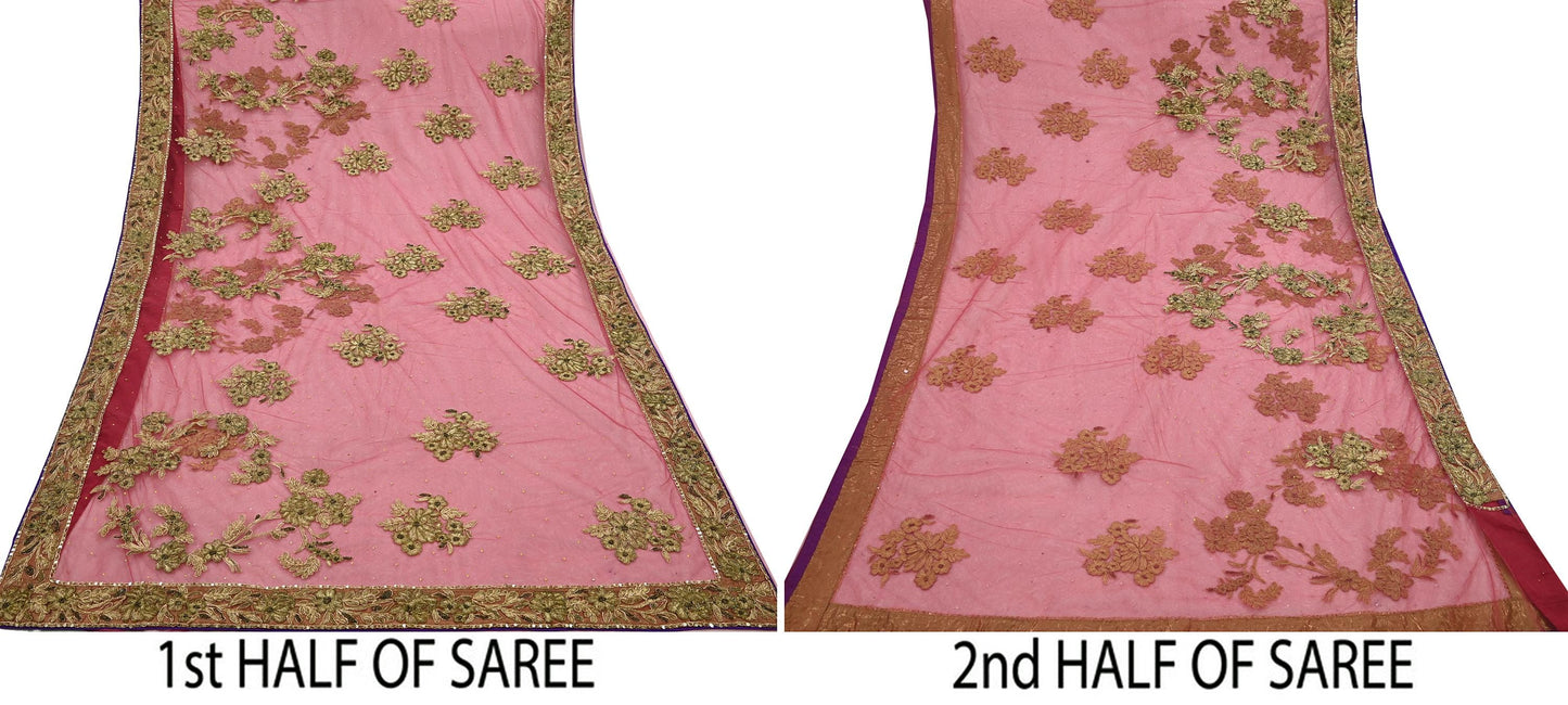 Indian Vintage Heavy Sari Pink Net/Mesh Hand Embroidered Sarees Craft Fabric 6Yd Sewing Soft Zardozi/Dabka Zari Sequins Wedding sarees