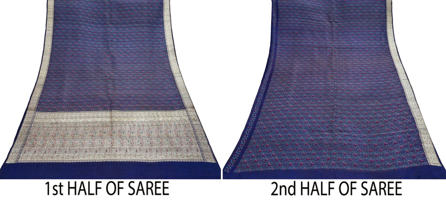 Indian Vintage Sari Blue Heavy Wedding Pure Satin Silk Woven Banarasi Tanchoi Saree 5Yd Ethnic Craft Fabric Upcycle Bridal Heavy Sarees